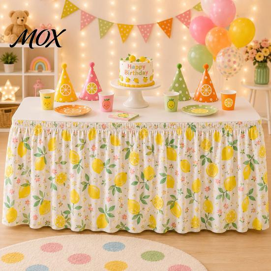 Washable Table Skirt for Buffets Floral Fruit Skirt, 6Ft x 29.5in Elastic Pleated Tablecloth Birthday Parties Teacher Desk Classroom, Home Office