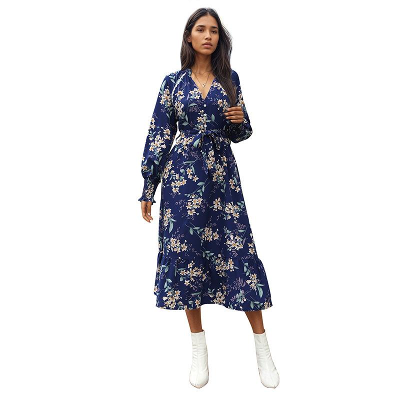 Весенне-осеннее женское платье с v-образным вырезом и длинным рукавом с цветочным принтом, темпераментные элегантные платья