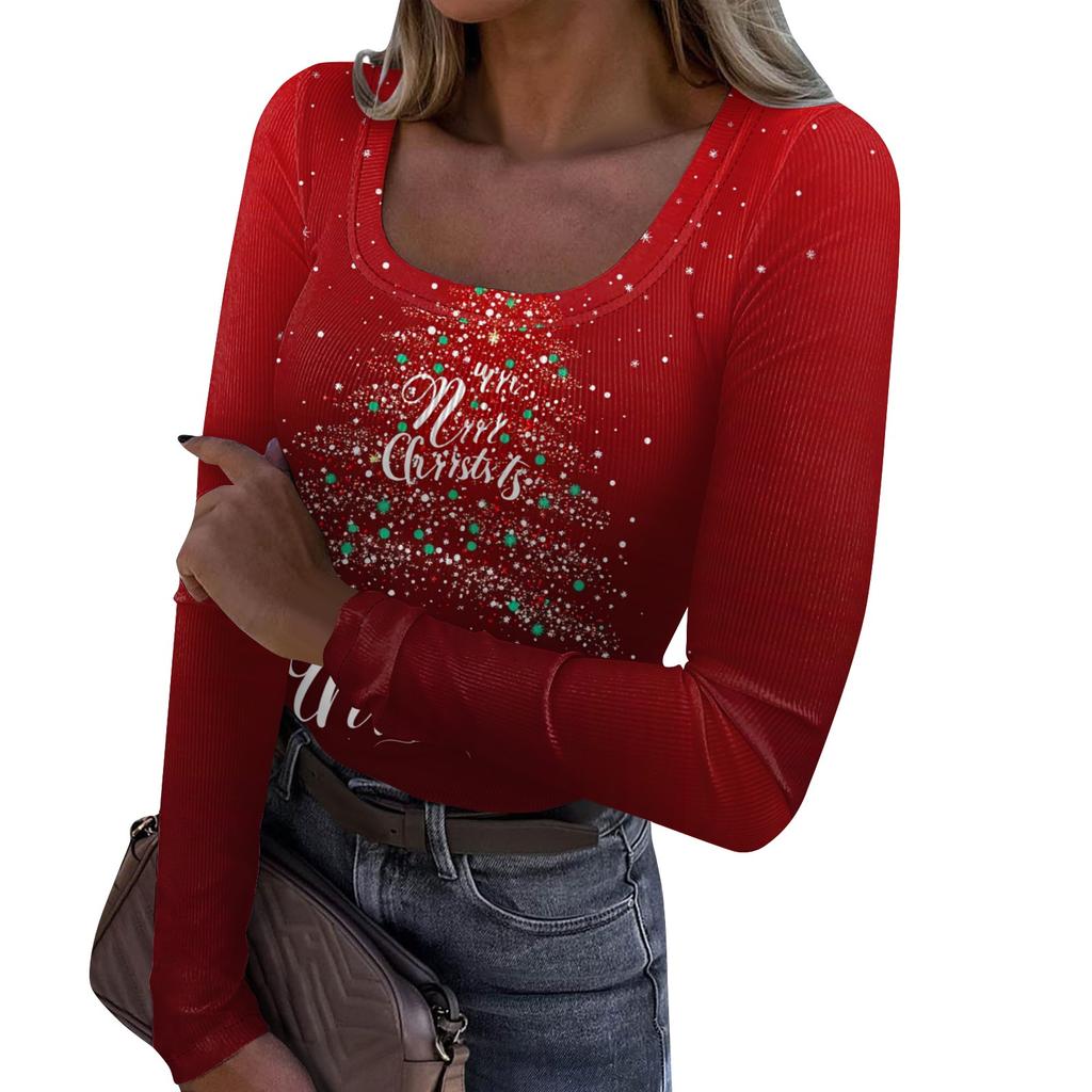 Женская мода Slim Bottom Casual с длинным рукавом и рождественским принтом пуловер с U-образным вырезом