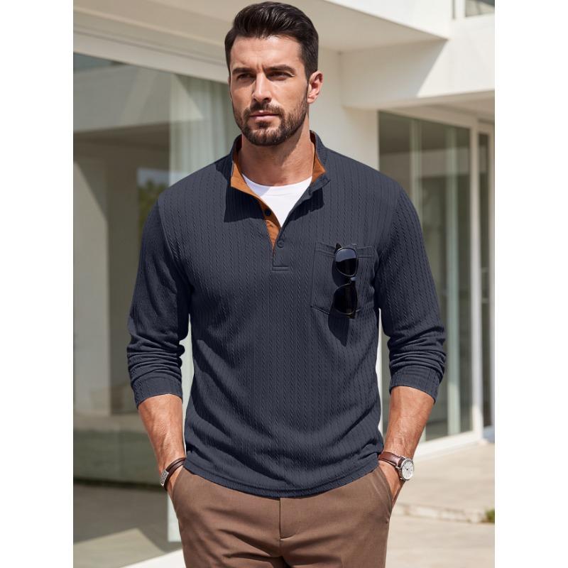 Men S Casual Stand Collar Jacquard Long Sleeve Sweatshirt With Chest Pocket