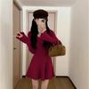 Осень Зима V-образный вырез Элегантная Мода Вязаное Мини-платье Женщины Длинный рукав Все-в-одном Нижнее платье Халат Vestidos