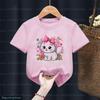 Kawaii Girls T-shirt Beverage Donut Cute Cat Print Kids Cotton T-shirt Fashion Girls Pink Short Sleeved Top