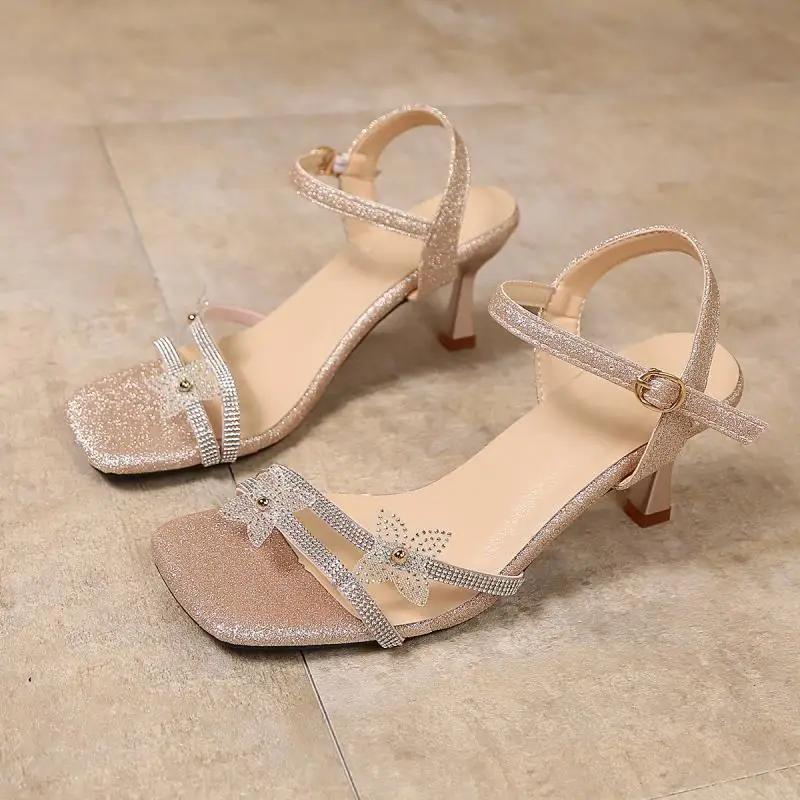 Fashion Luxury Silver Glitter Strap Ankle Strap Sandals Women Summer Square Toe High Heels Sandals Flower Decoration Rose Gold Shoes