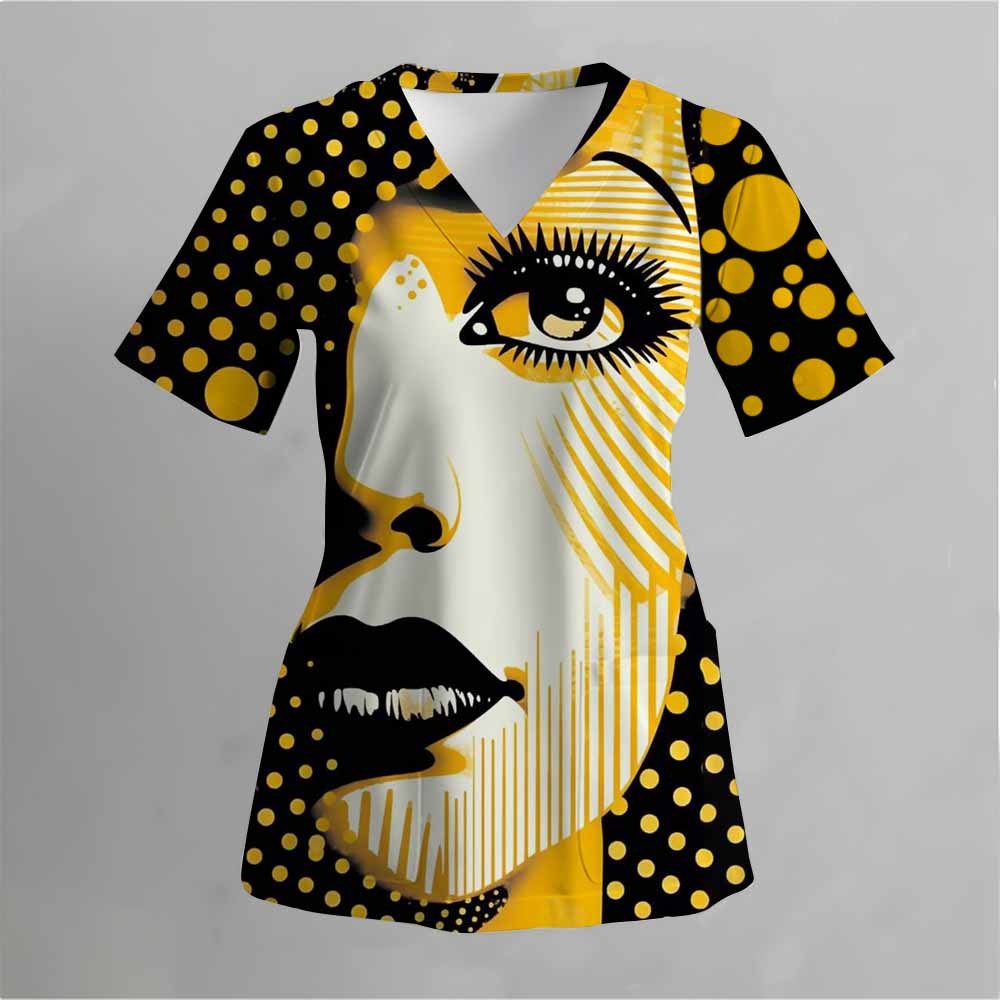 Матовая медицинская униформа с розовым рисунком в виде кошки, женская униформа с V-образным вырезом и коротким рукавом, с карманом, женская матовая