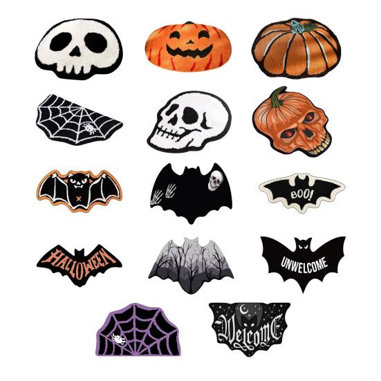 Хэллоуин Приветственный придверный коврик Полукруг Паутина Летучая мышь Череп Тыква Форма Напольный коврик Нескользящий Входной коврик для Парадной двери Крыльца Домашнее украшение