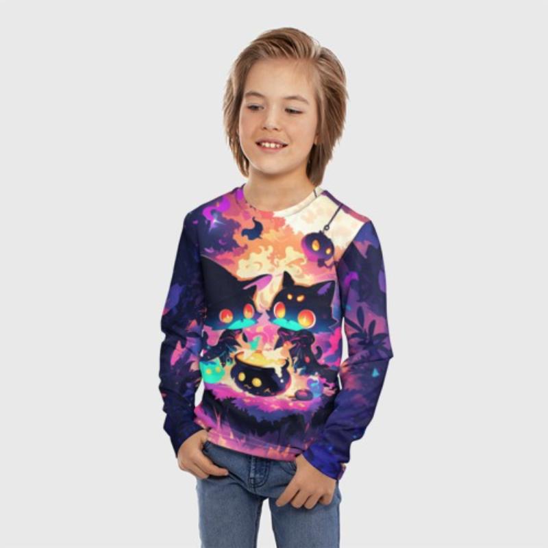 Children's Cartoon Lively Kitten Print Multi-color T-shirts Boys Cute Long Sleeved Soft Comfortable Top