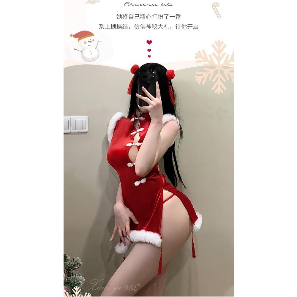 Эротическое нижнее белье Xianyi Pure Desire Рождественская форма Сексуальная страсть Бесплатная грудь Чеонгсам Новогодний халат S5
