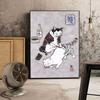 Solid Wood Frame Japanese Floating Samurai Cat Canvas Painting Retro Style Posters and Prints Wall Art Pictures for Living Room Wall Decor
