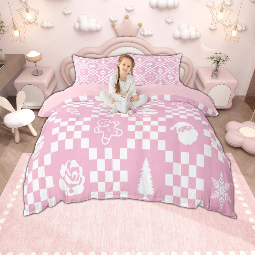 Homewish Merry Xmas Duvet Cover Set for Boys Girls, Christmas Tree Deer Bedding, Kawaii Snowman Santa Claus Quilt Cover Set