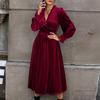 Fashion Spring Autumn Long Sleeve V Neck Ruffles Evening Party Solid Color Velvet One Piece Dress