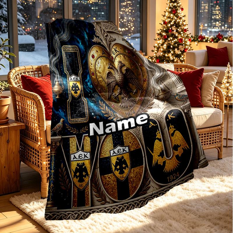 Custom Name Personalized AEK Athens FC Print Blanket, Home Decor, Bedroom, Sofa, Camping, Couch, Gifts for Birthday Christmas