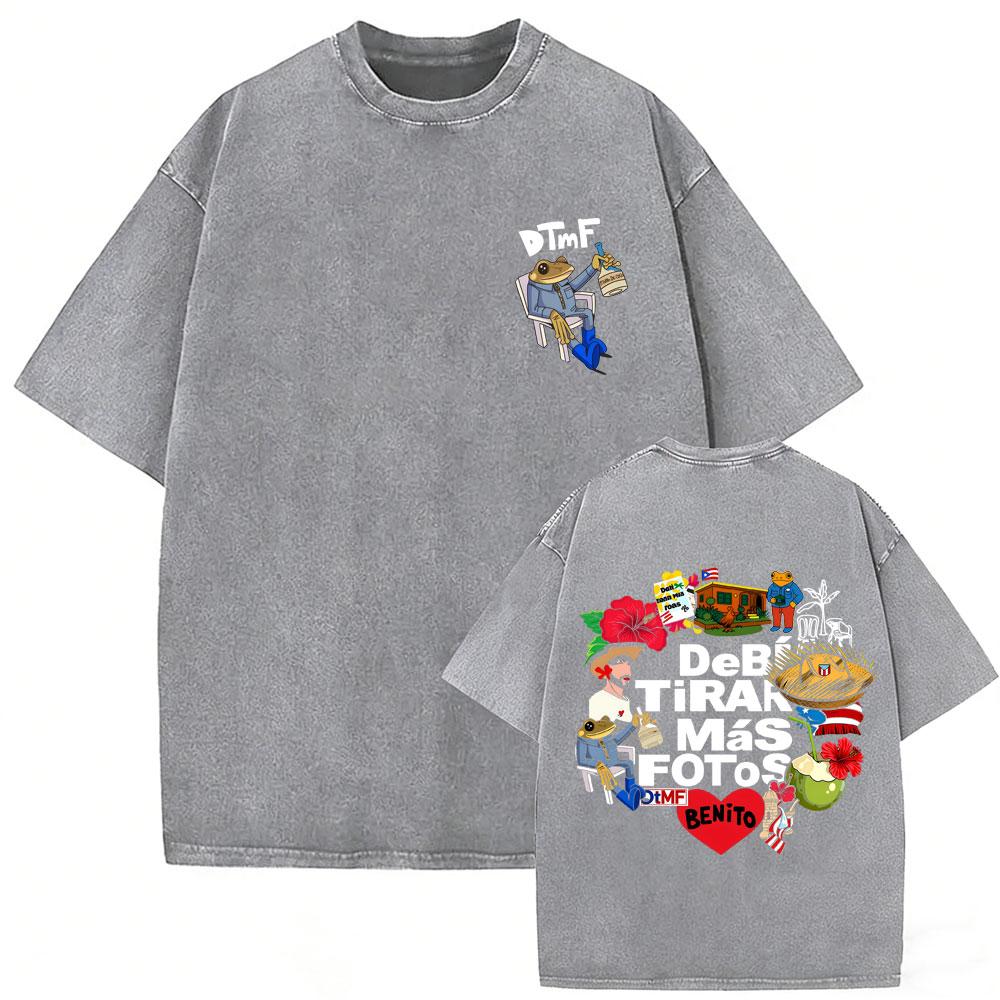 Vintage Acid Washed Rapper Bad Bunny Tshirt Debi Tirar Mas Fotos DTMF Tshirts Men Women Hip Hop Retro Short Sleeves T Shirts