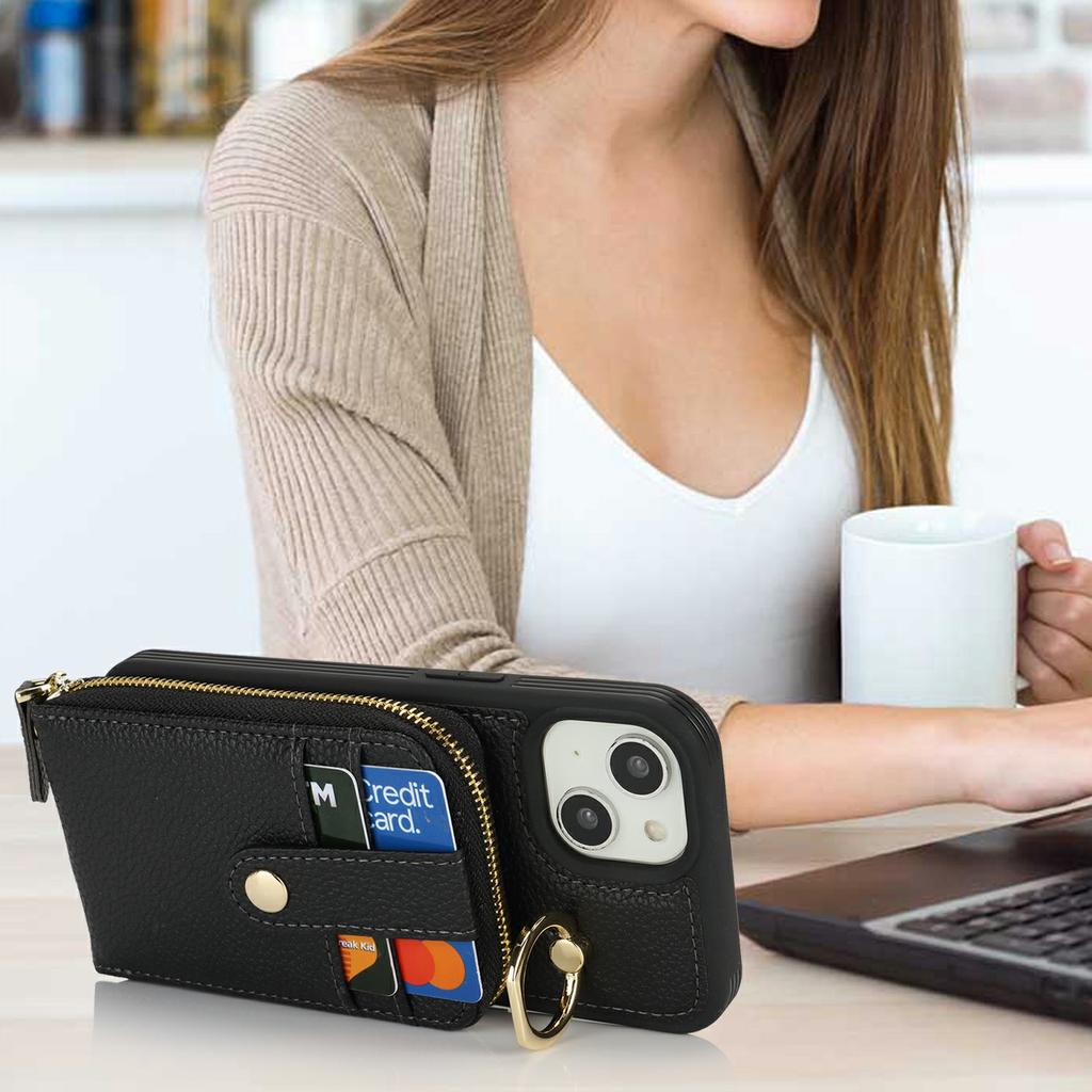 For iPhone 14/13 Case with Zipper Pouch/Ring Kickstand/Strap Litchi Texture PU+TPU Phone Cover