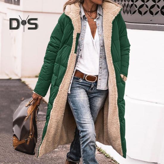 Women Winter Splicing Long Coat Hooded Long Sleeve Fleece Lining Outwear Zipper Placket Pockets Double Sided Wear Long Down Jacket