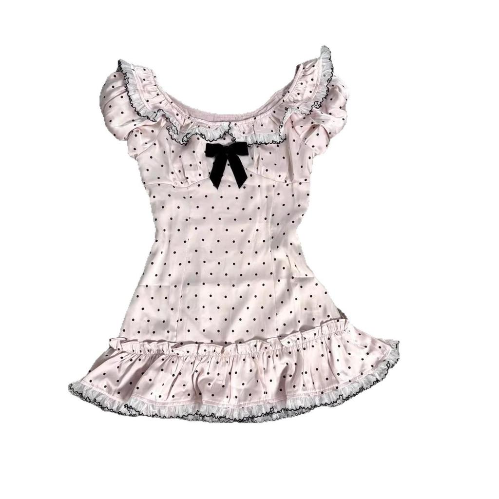 Сладкая облегающая футболка с коротким рукавом в горошек Y2K с французским бантом