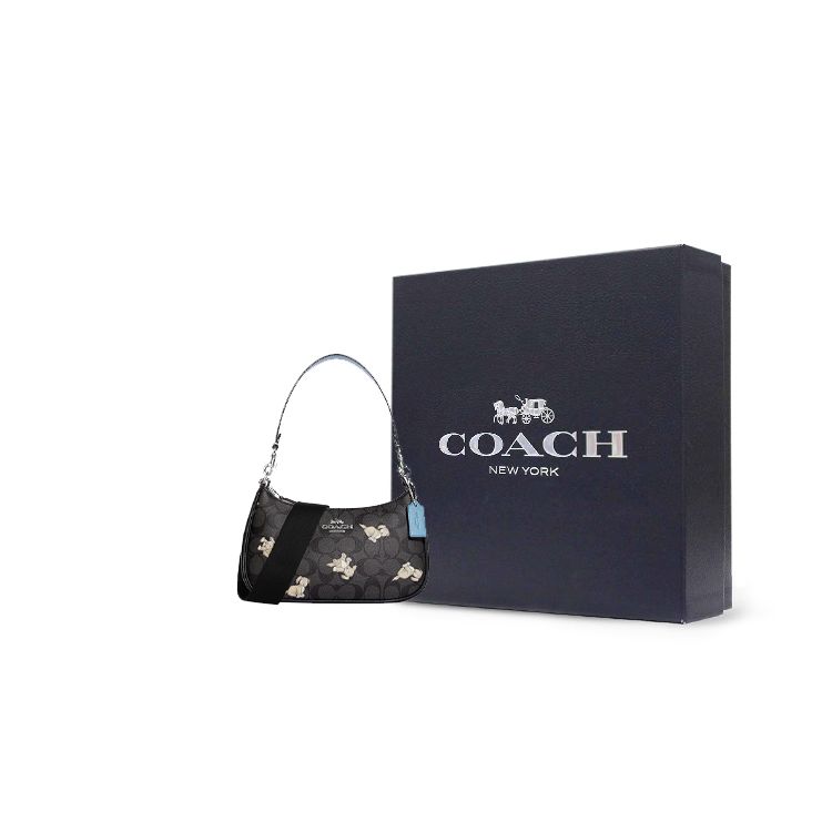 Coach Teri 24 Classic Monogram Сумка-тоут из кожи с молнией и логотипом, принтом собаки Женские сумки Черный CC775-SVG0