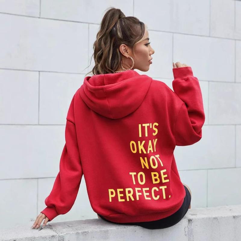 Ladies Spring Autumn Casual Sports Hooded Long Sleeve Big Pocket Letter Printed Pullover Hoodies Sweatshirt Top