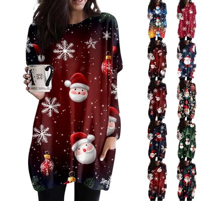 Женская толстовка с круглым вырезом и принтом, платье-рубашка с длинными рукавами и принтом, пуловер свободного покроя, свободный крой, топы с карманами