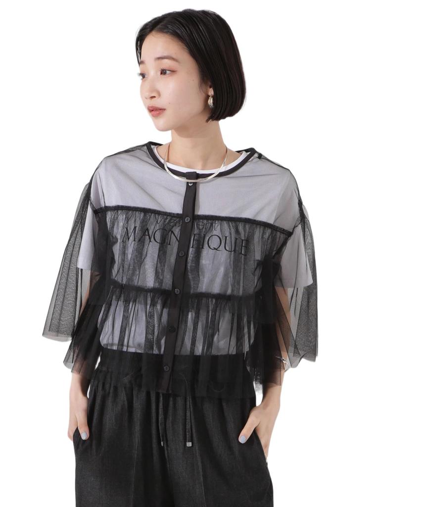 Nano Universe Tulle Tiered F Women's Blouse, 010, Black, 673-5121320