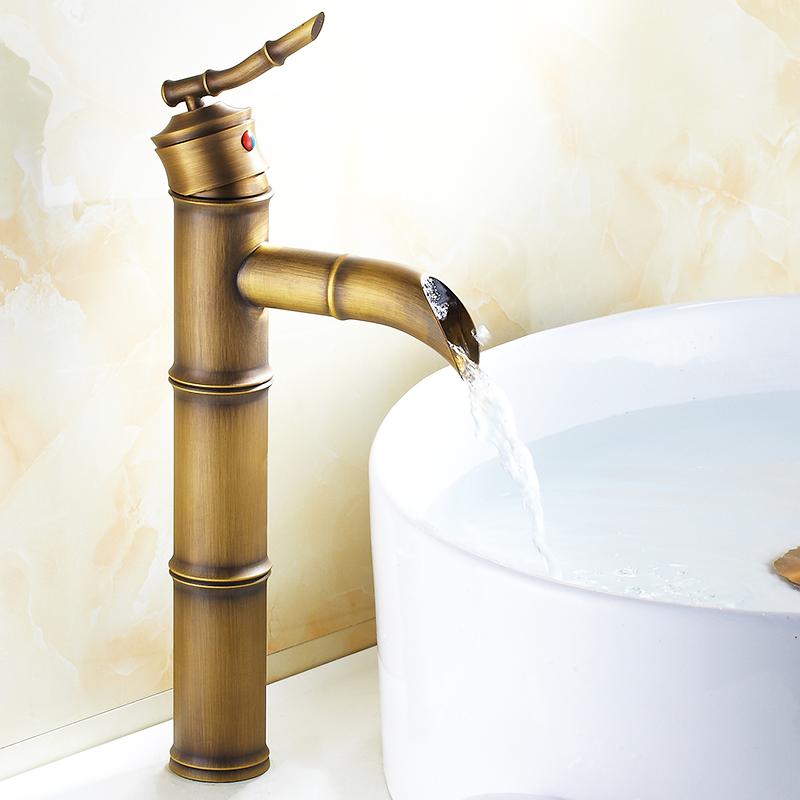 Европейский антикварный смеситель для ванной комнаты, латунный смеситель для раковины, высокий бамбуковый смеситель для горячей и холодной воды с двумя трубами, кухонные краны