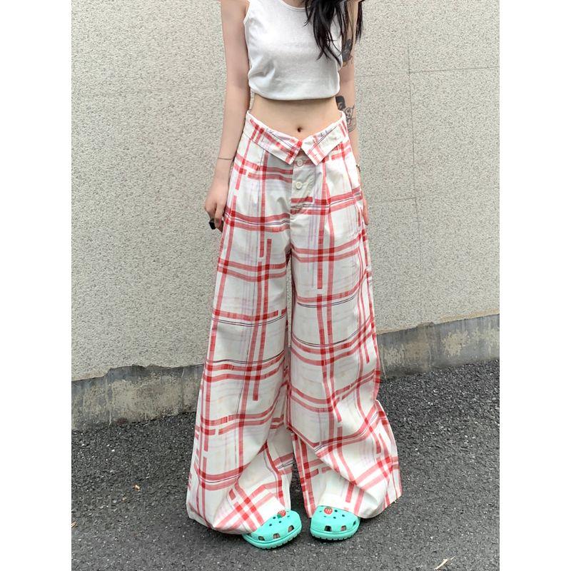 Kumikumi Retro Design Plaid Two-Button Casual Pants Women's Autumn Easiest for Match High Waist Loose Loose Pants