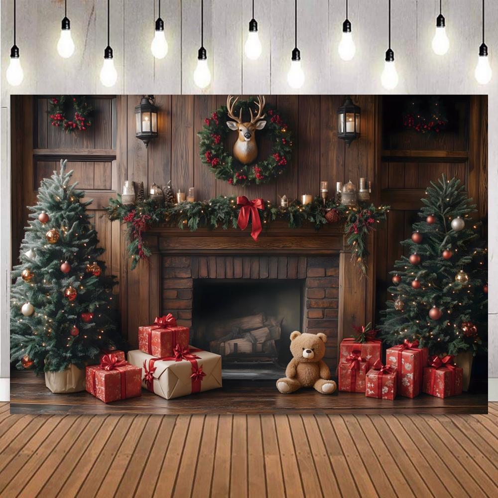 Christmas Red Green Themed Photography Backdrop Wreath Fireplace Gifts Milu Deer Adult Children Family Party Photo Background8