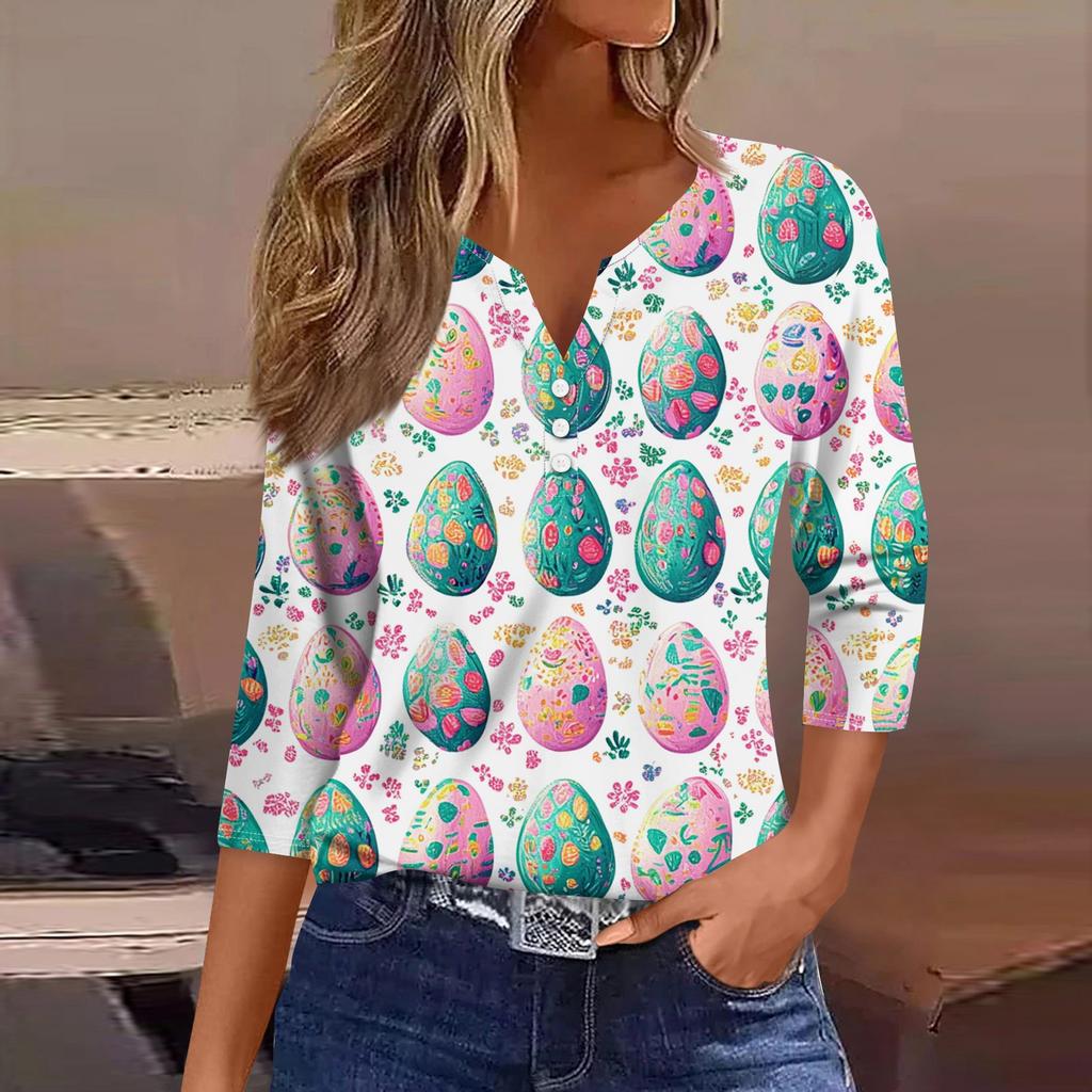 Жен. Футболка Футболка С принтом Пуговицы Рукав 3/4 Повседневные Выходные Мода Классический V-образный вырез Обычный Топ