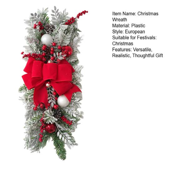 Christmas Stair Garland with Faux Snow Pine Cones Ribbon Realistic PVC Christmas Wreath for Indoor Decor Staircase Door Mantel Decoration