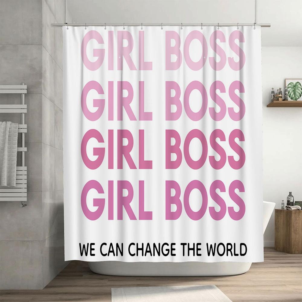 Chic Girl Boss Shower Curtain Set For Bath Decor Gradient Pink Typography Design Durable Fabric Material With Hooks Included