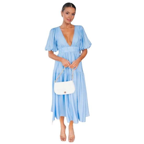 Женское богемное длинное платье с глубоким V-образным вырезом, пышными короткими рукавами и расклешенным подолом, летнее многоярусное летящее миди-платье А-силуэта