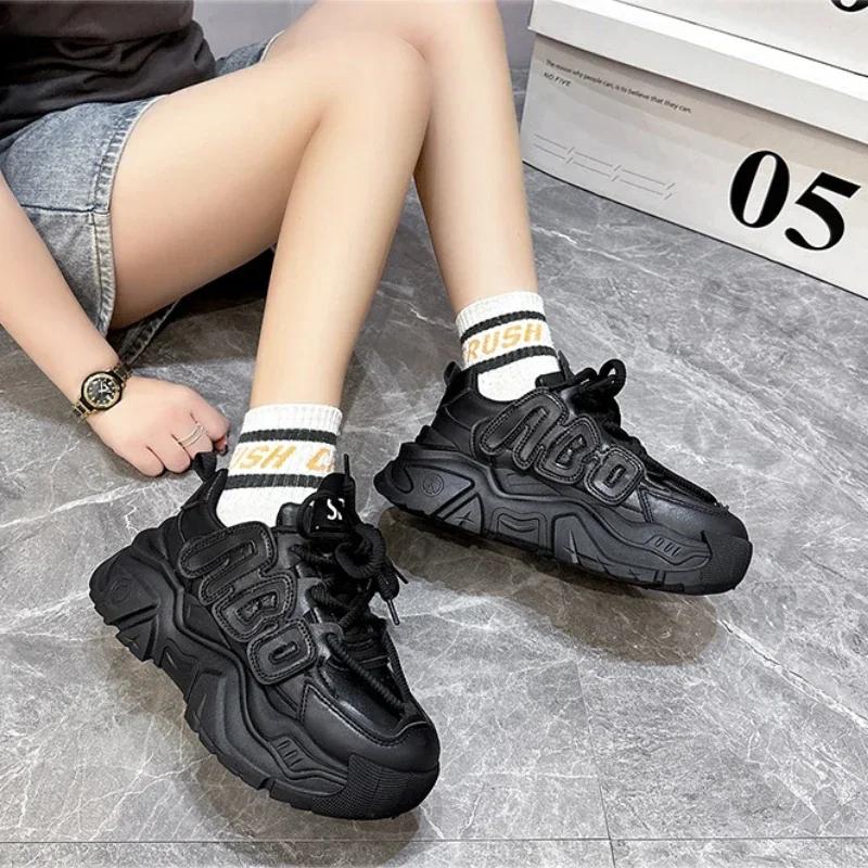 Женские кроссовки на толстой платформе, модные, осенние, новые, черные, на платформе, кроссовки для женщин, нескользящая, толстая подошва, спортивная обувь