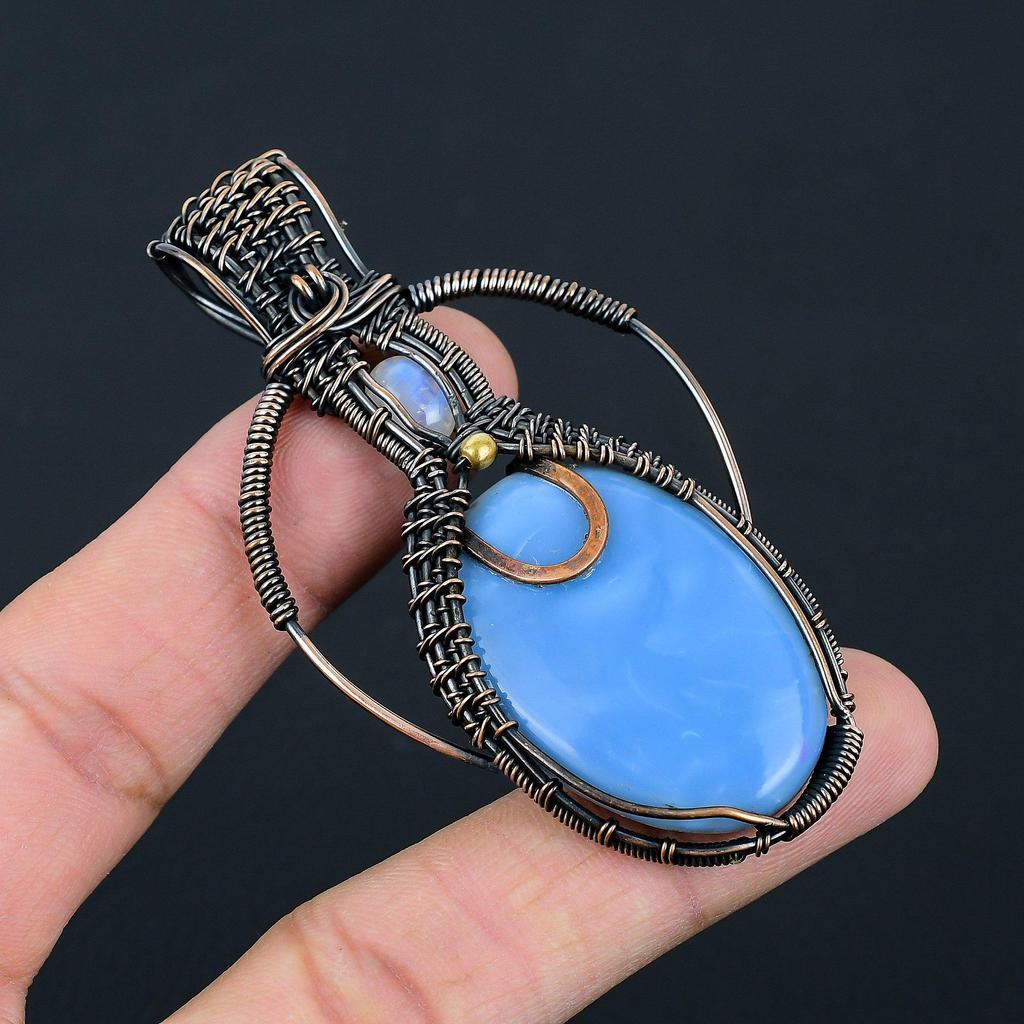 Owyhee Opal & Moonstone Gemstone Handmade Copper Wire Wrap Jewelry Gorgeous Pendant For Love