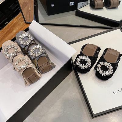 Туфли женские с неглубоким носком, лето 2024 года, корейская версия плоской мягкой подошвы с бриллиантами и жемчугом, мягкая кожаная женская обувь