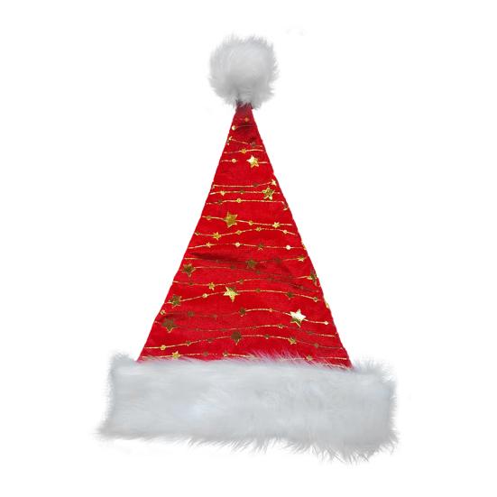 Golden Star Santa Hat Red Christmas Hat with White Fluffy Pompom Fuzzy Xmas Hat for Festive Gathering Christmas New Year Party