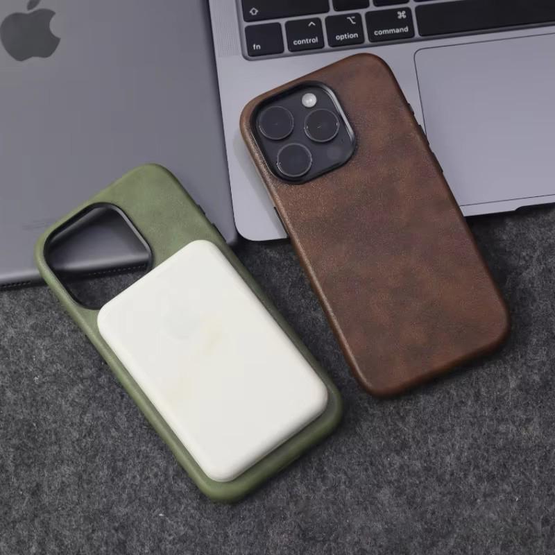 Ретро Чехол для телефона MagSafe из кожи Crazy Horse для iPhone 16 Pro 15 14 13 12 17 Pro Max Простой кожаный текстурный магнитный чехол для телефона
