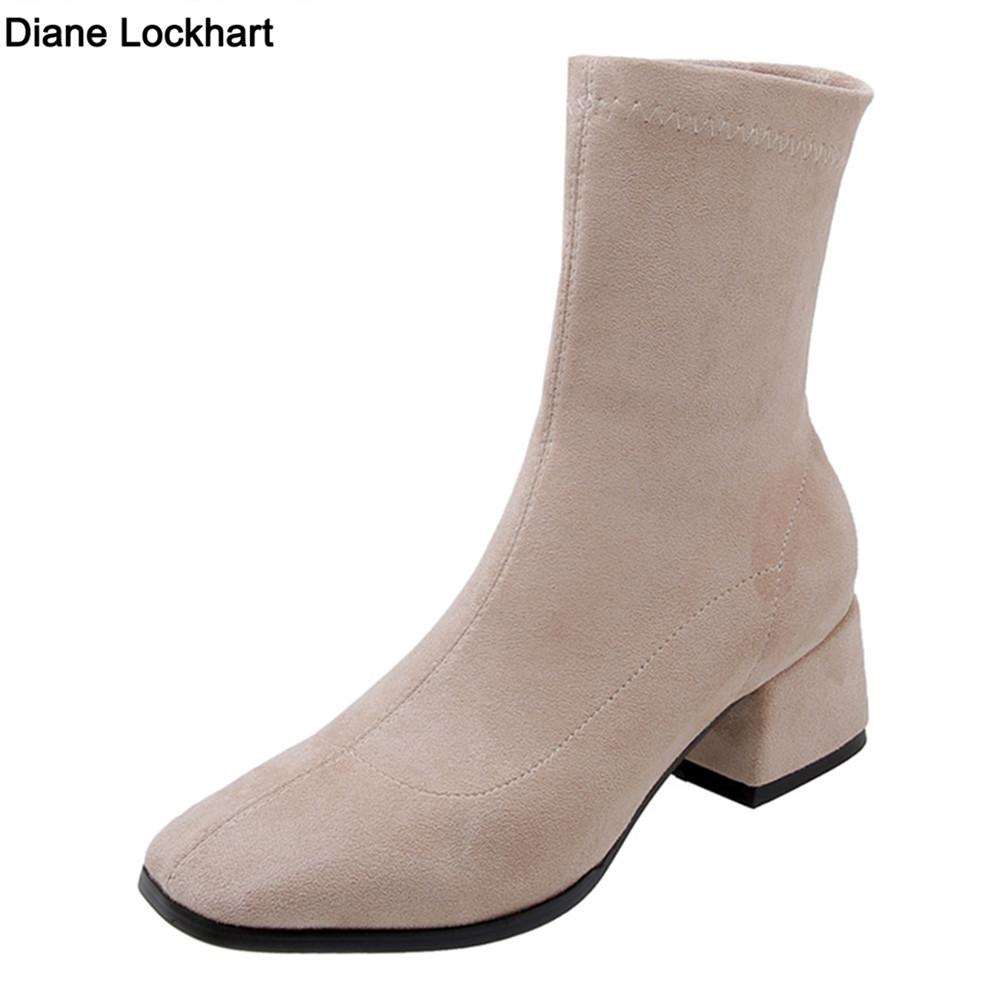 Мода Новая Женская Обувь Высокие Каблуки Слипоны Ботильоны Зимние Эластичные Носки Ботильоны Элегантные Квадратные Высокие Каблуки Обувь Женская Большой Размер 32-43