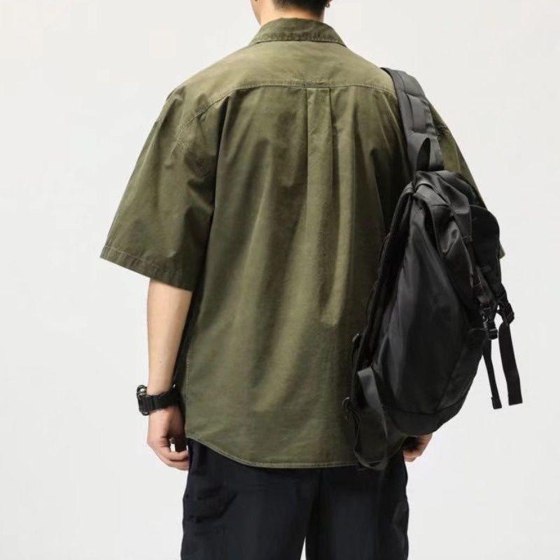 Trendy Korean-Style Men's Military Green Short-Sleeve Workwear Shirt