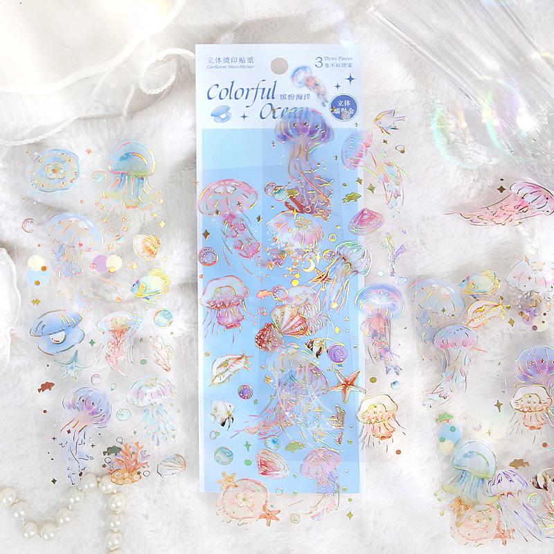 3pcs Kawaii Feather Dragonfly Bird Jellyfish Decorative Stickers Pack Scrapbooking Material Label Diary Phone Journal Planner