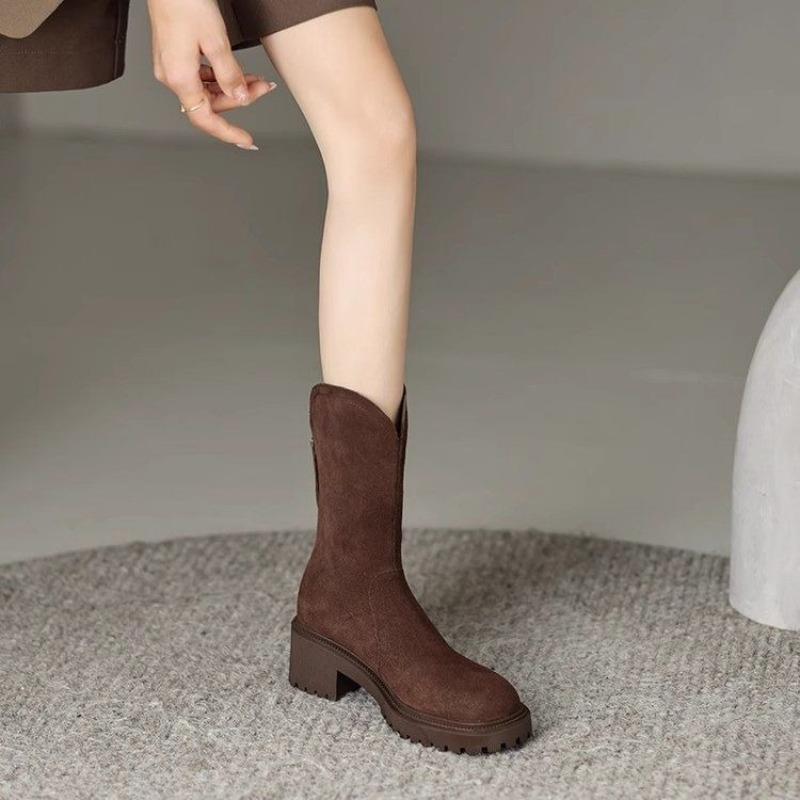 Fashion Elegant Heeled Suede Ladies Mid Calf Shoes Fleece-Lined Footwear Comfortable 2025 New Waterproof Gyaru Women's Half High Boots