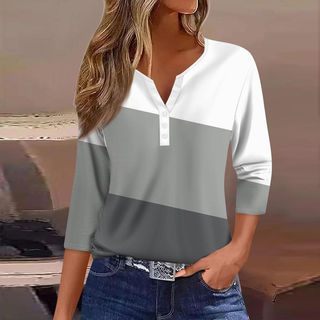 Жен. Футболка Футболка С принтом Пуговицы Рукав 3/4 Повседневные Выходные Мода Классический V-образный вырез Обычный Топ
