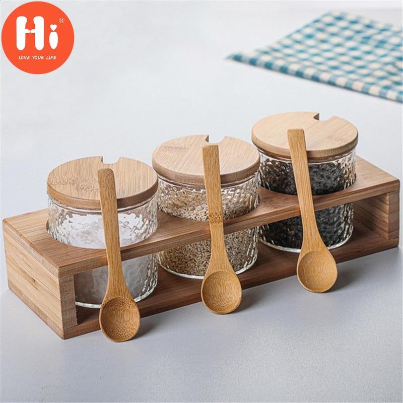 Привет японский кованый стеклянный набор баночек для специй с бамбуковой полкой, коробка для приправ, кухонные инструменты, солонка, бутылка для хранения сахара
