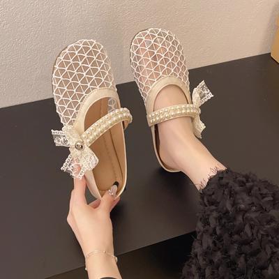 Модные жемчужные туфли-баотоу с бантом для женщин на лето 2025 года, новые, удобные, мягкие, на плоской подошве, ленивые, сетчатые, с прохладной стелькой