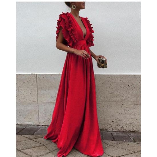 GMXIA Women's Fashion Summer Spring Solid Color Print Short Sleeve V-Neck High Waist Casual Dresses