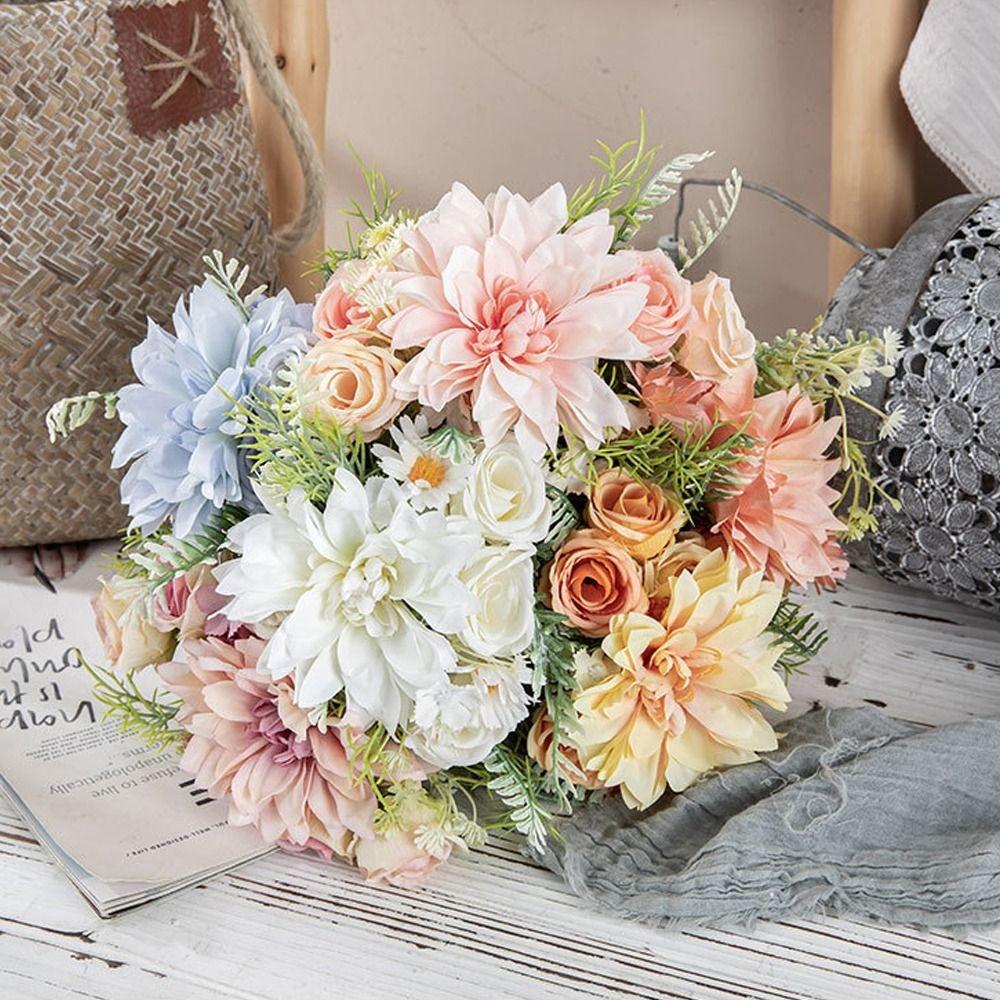Plastic Artificial Dahlia Rose Flowers Realistic Fake Flowers  Living Room Decor