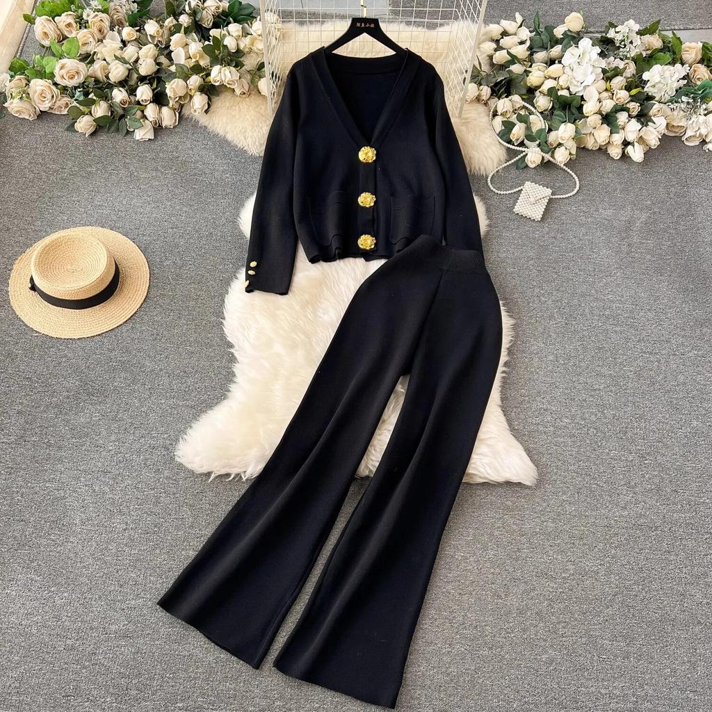 Осень-зима, кардиган с золотыми пуговицами и V-образным вырезом, карманы, вязаные свитера + широкие брюки, спортивные костюмы, длинный комплект из двух предметов