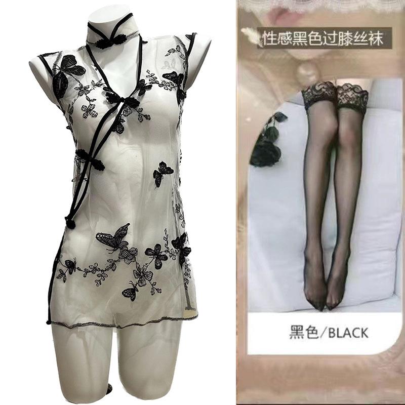 Sex underwear women's sexy perspective nightgown seduction retro hollow butterfly embroidered cheongsam uniform