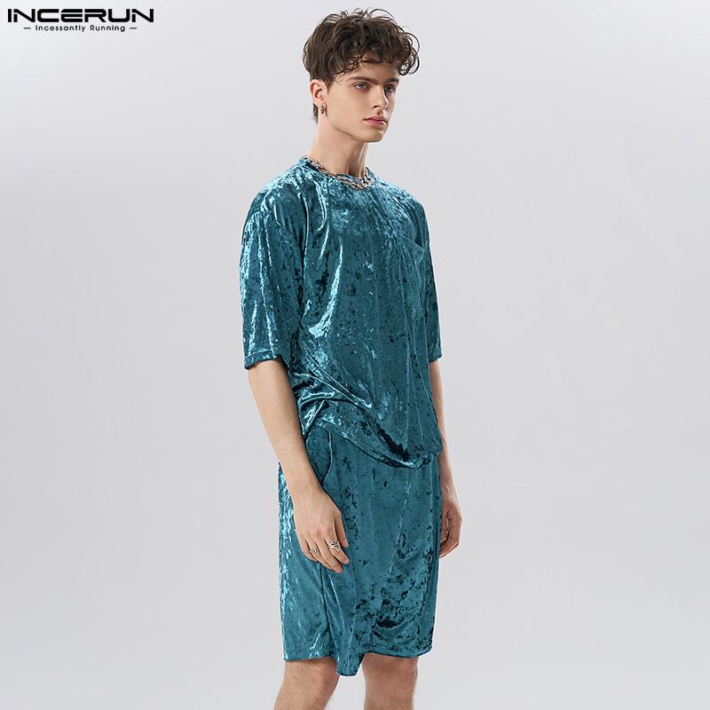 INCERUN Мужские комплекты из 2 предметов Pleuche с короткими рукавами, футболки и шорты, одежда для отдыха, свободный костюм