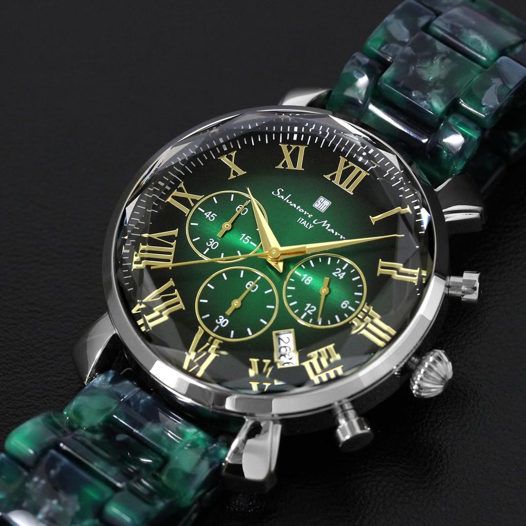 Часы с многогранным стеклом, хронограф, ацетатный ремень, градиент, зеленое золото [Salvatore Mara], мужские SM19104A-SSGRGD