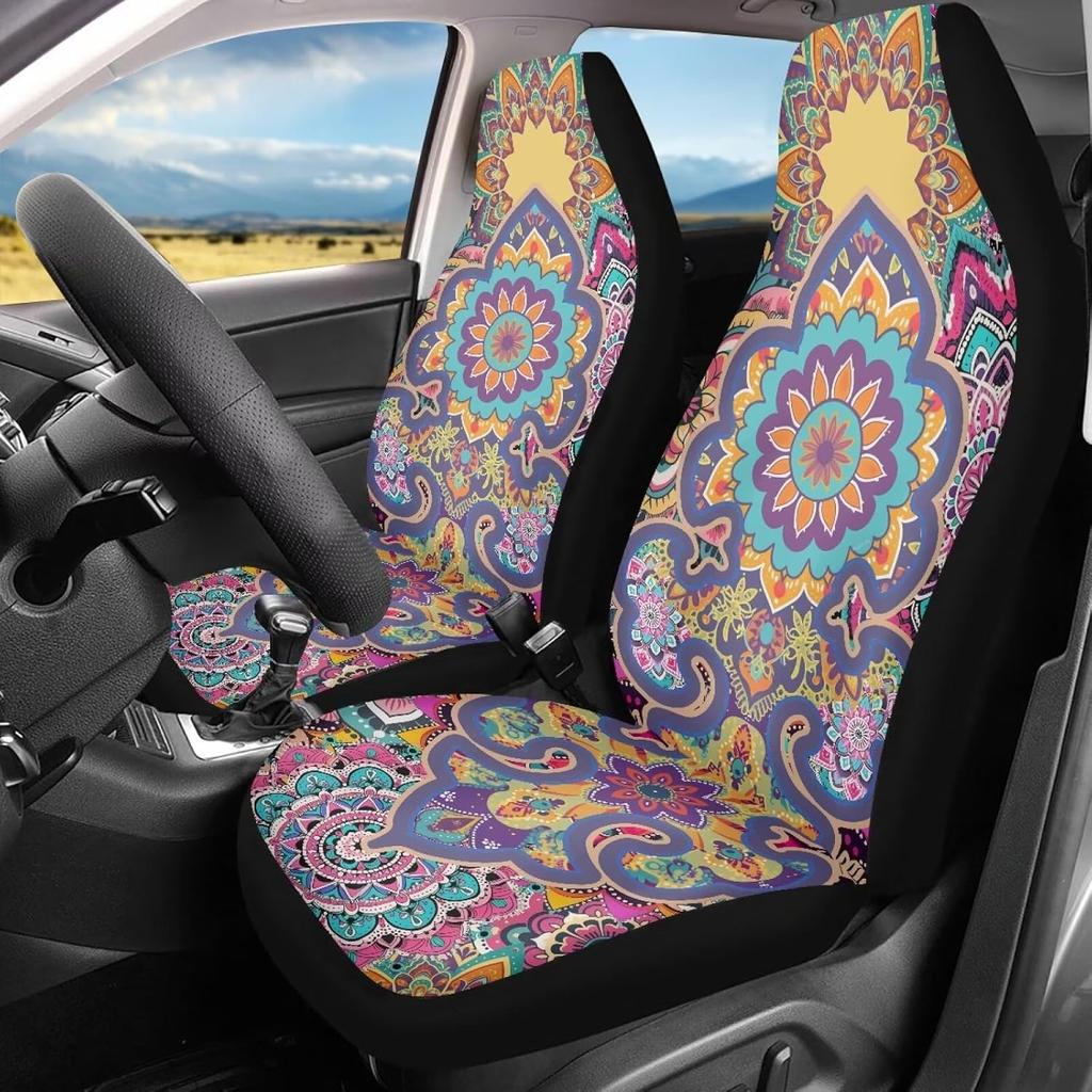 Чехлы на сиденья автомобиля Bulopur Black Boho Цветочные, Только для передних сидений, для женщин и мужчин, с карманом-органайзером, для автомобилей, внедорожников, грузовиков, седанов