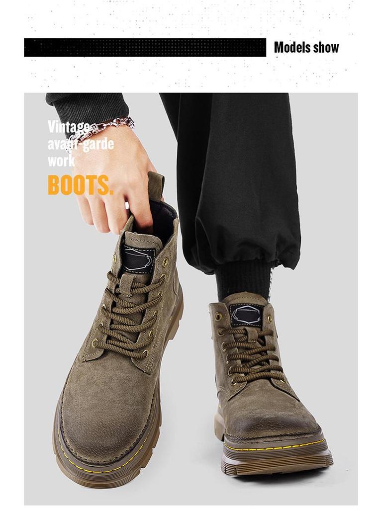 Мужские ботинки Мартин из натуральной кожи с высоким берцем - Желтые ретро зимние ботинки для снега с плюшевой подкладкой